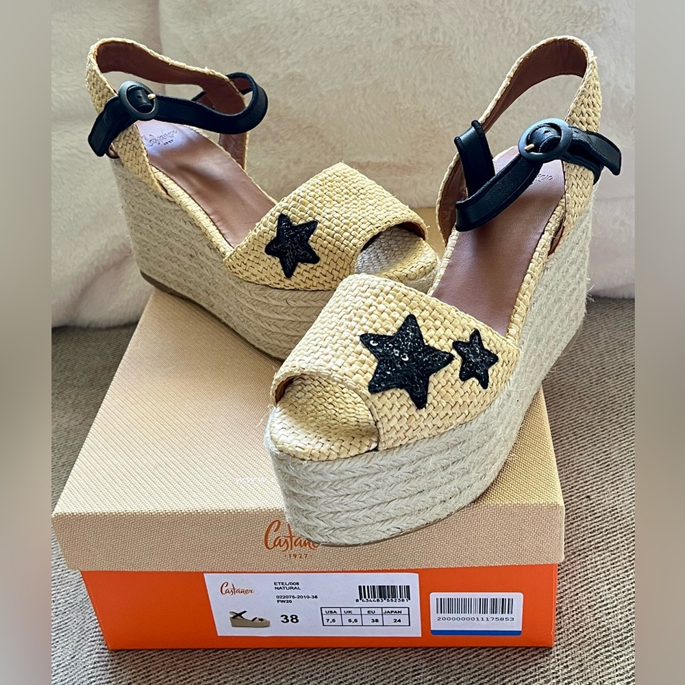 Castañer Natural Platform Peep-toe Espadrille With Star Sequin Appliqué